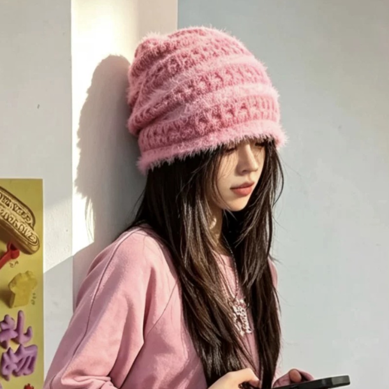 Beanie Cuffed Knit - New Korean Style Candy‑Color Fuzzy Knit